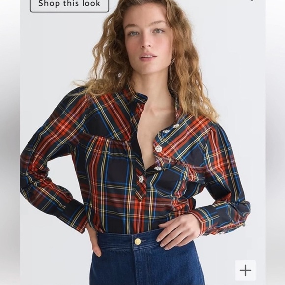 NWT J. CREW Fresco Popover Top with jewel buttons Stewart tartan plaid size S - Picture 1 of 10